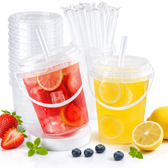 15 Sets 34 oz Plastic Cups with Lids and Straws - Portable To-Go Beverage Tumblers with Handles for Pool, Beach, Picnic and Party Supplies, Reusable