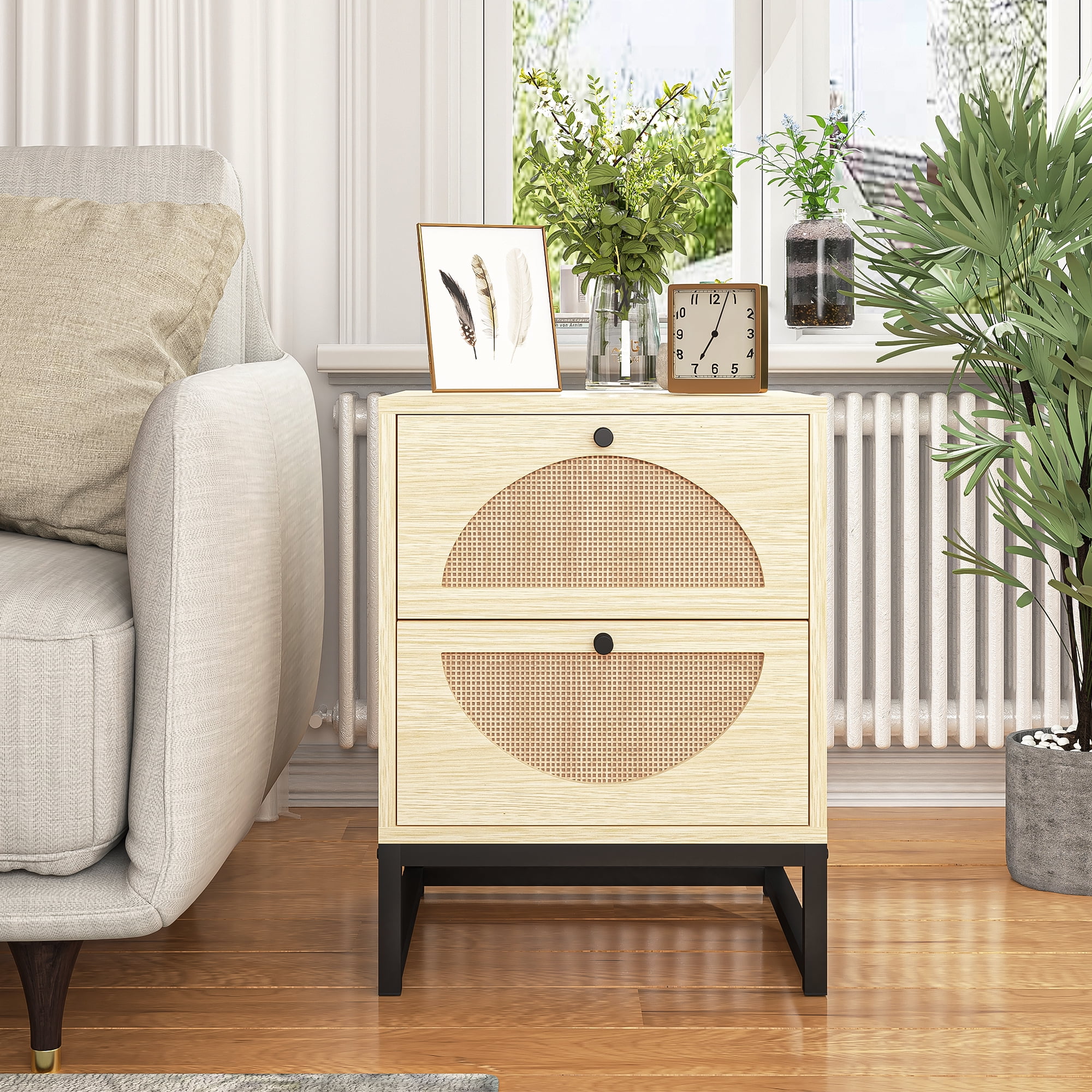 Kepooman 21" Nightstand with 2 Hand Made Rattan Drawers, Nightstand Side Table for Bedroom ,Natural
