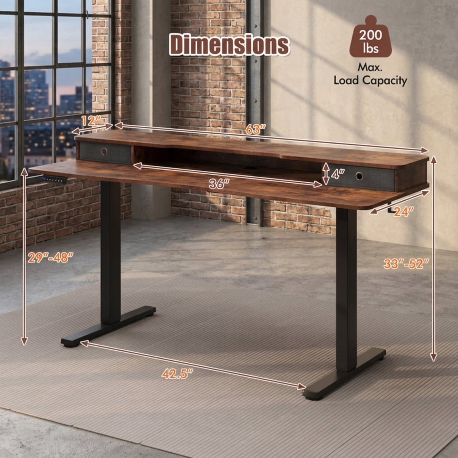 Furnibear 63 x 24 Inch Electric Standing Desk with 2 Fabric Drawers Monitor Shelf Memory Presets and Cable Management for Home Office, Rustic Brown