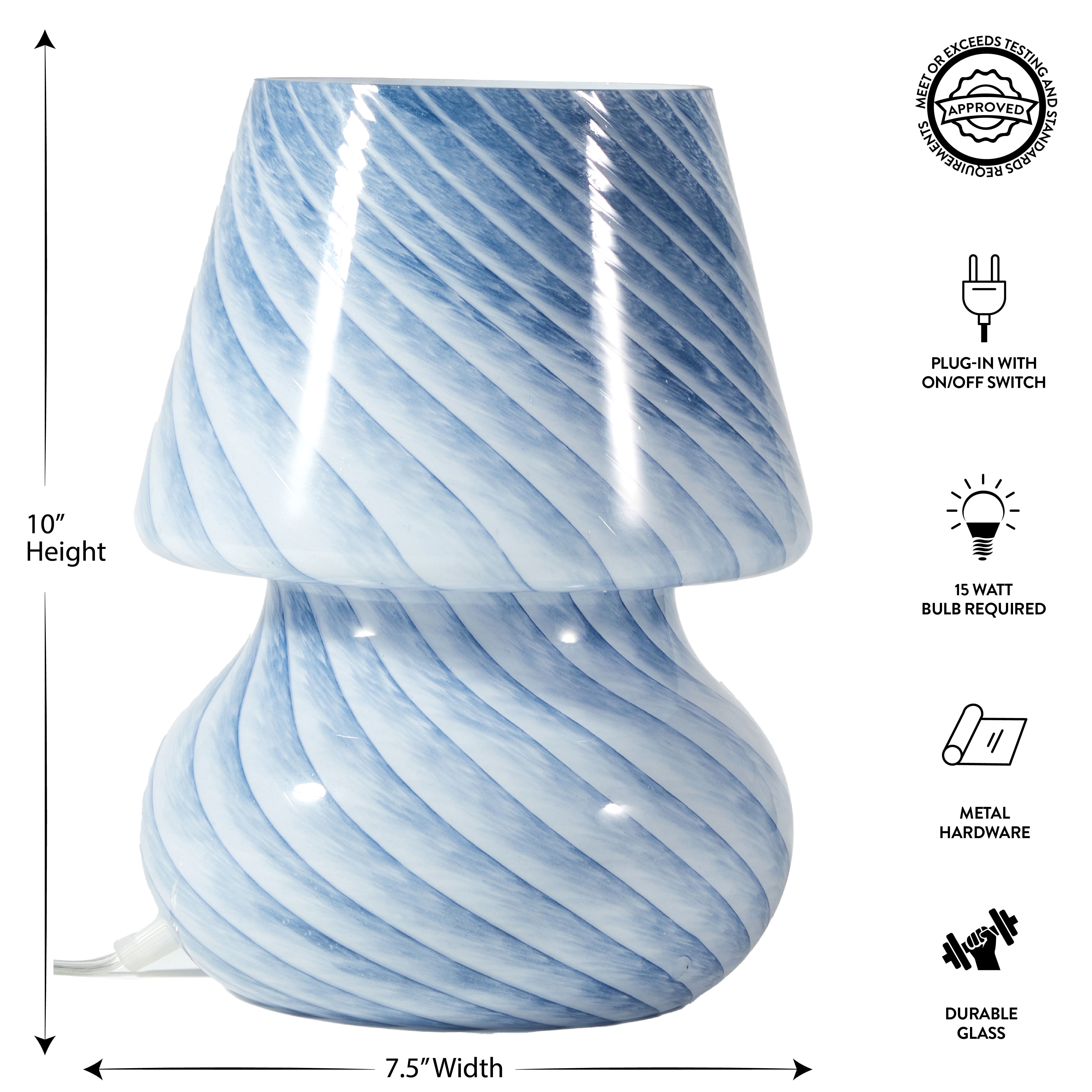 (2 pack) Urban Shop Blue Stripe Glass Mushroom Lamp, 10" H x 7.5" W, Plug in