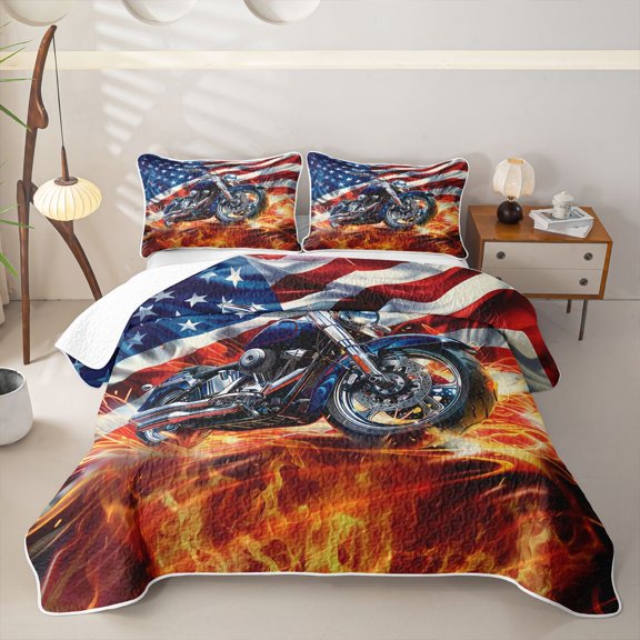 Manfei Cool Motocross Twin Quilt Set,Classic American Flag Twin Coverlet Set,Blue Red White,2 Pieces