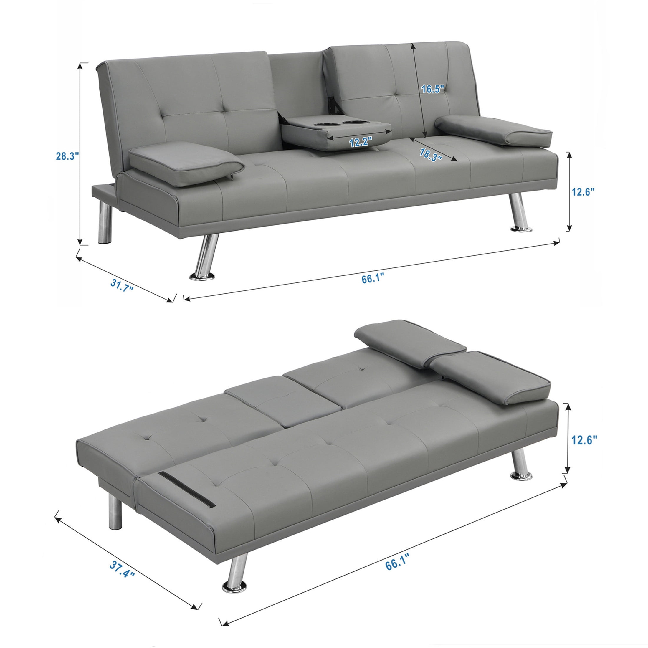 Aukfa Leather Futon Convertible Sofa Bed, 2 Cup Holders Twin Size, Gray