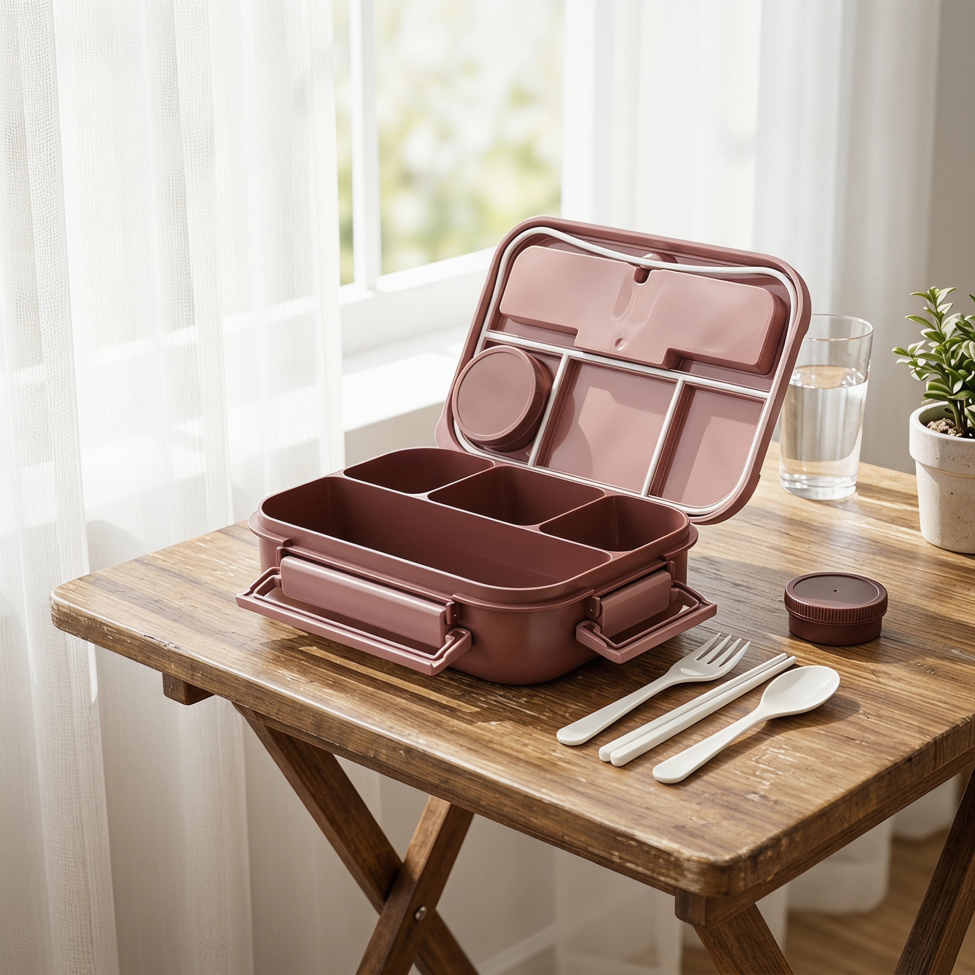 Unique Bargains Leakproof Meal Bento Lunch Box with Utensil Slot Dip Cup Pink