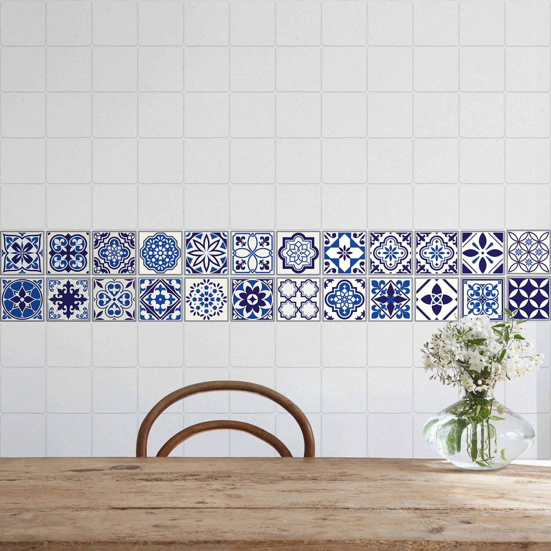 24Pcs 4"X4" Spanish Moroccan Blue Peel And Stick Tiles Sticker Backsplash Decals