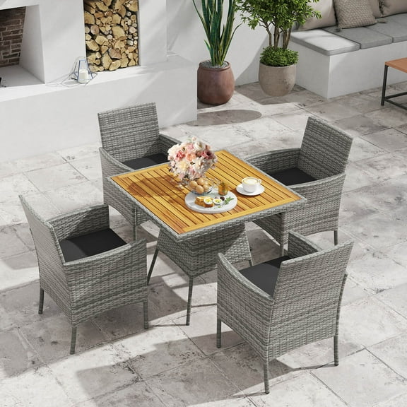 Costway 5 Pieces PE Wicker Patio Dining Set with Cushions and 1.97" Umbrella Hole