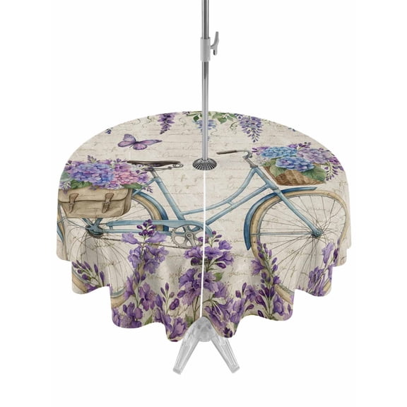 Outdoor Tablecloths with Umbrella Hole & Zipper, Purple Flowers Round Tablecloth 54 Inch, Weeping Spring Floral Bicycle Retro Art Waterproof Table Cloth, Patio/Pool/Picnic Table Covers
