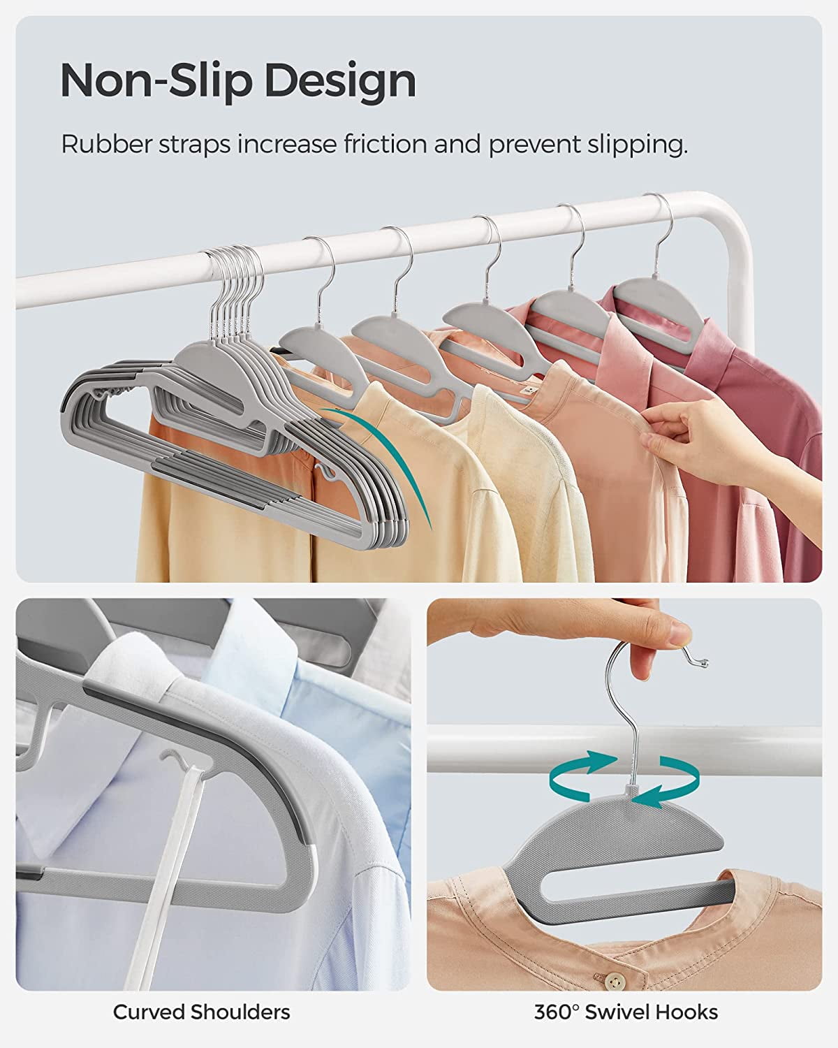 50 Pack Coat Hangers Non-Slip 360º Swivel Hook Plastic Hanger Space Saving Light Gray and Dark Gray