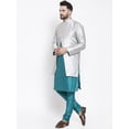 thumbnail image 5 of eloria Men's Indian Traditional Teal Green & Silver Layered Silk Blend Kurta with Churidar Pyjama and jacket Set, 5 of 7