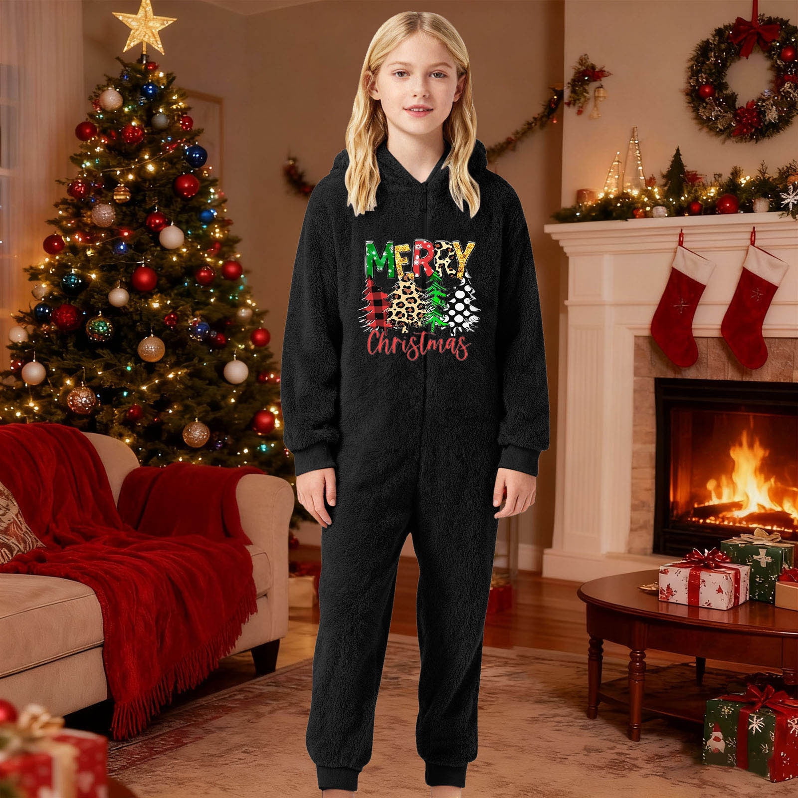 Gelikeya Boys Girls Christmas Onesies Pajamas Fuzzy Jumpsuit Kids Toddler Long Sleeve Jumpsuit Thermal Winter Outfits (Playwear & Black & 1-2 Years)