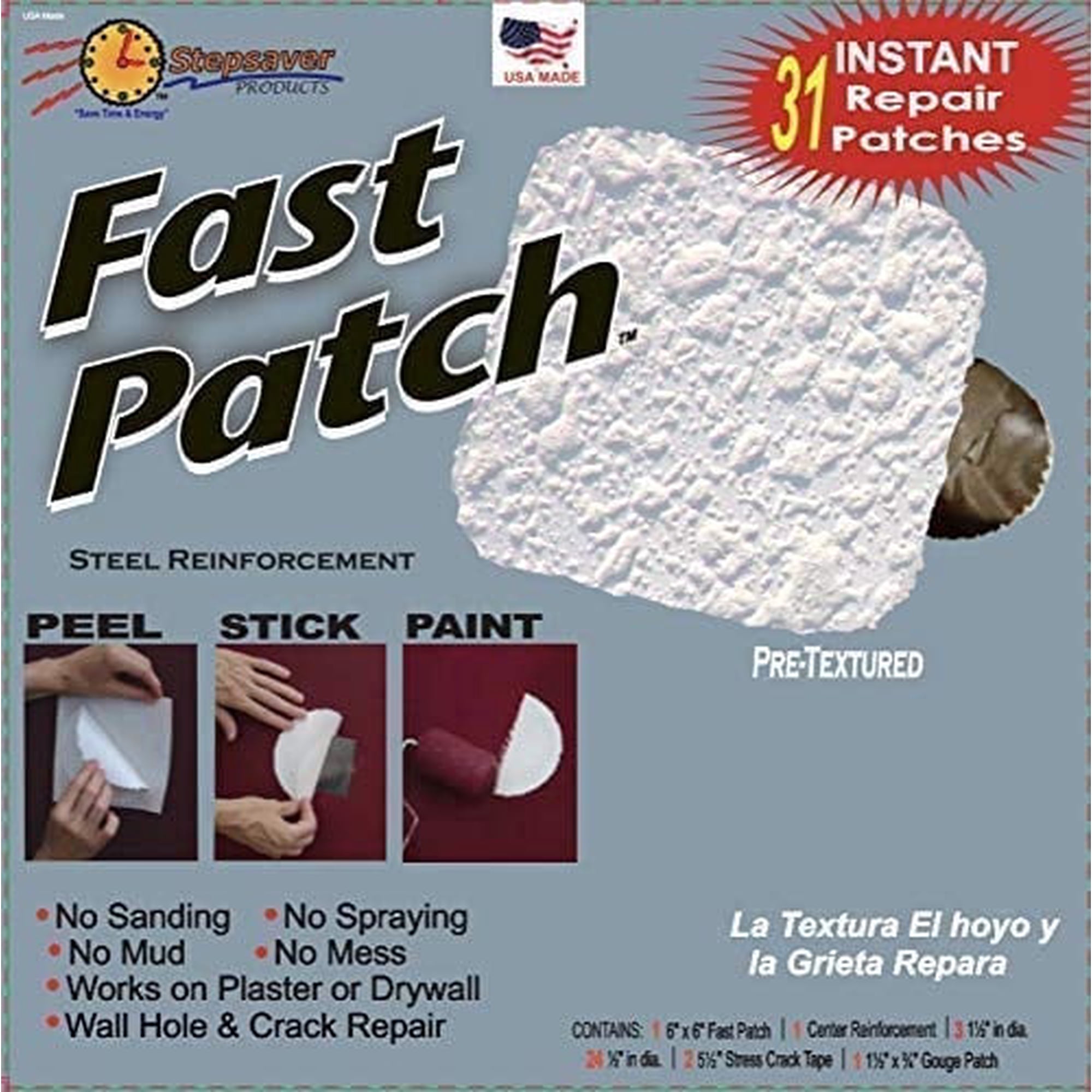 USA Made Stepsaver Products Self-Adhesive Metal Reinforced Pre-Textured Fast Patch 31 Repairs (3 Packs) Item 20183