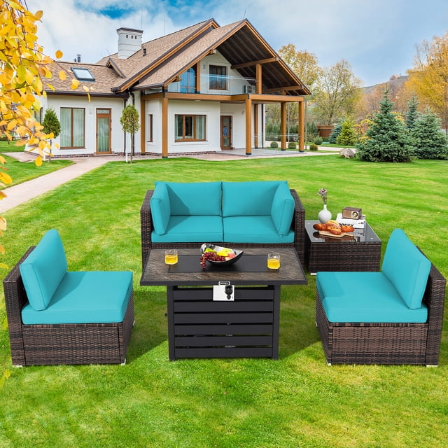 Costway 6PCS Patio Rattan Furniture Set 42" Fire Pit Table Cover Sofa Cushion Turquoise