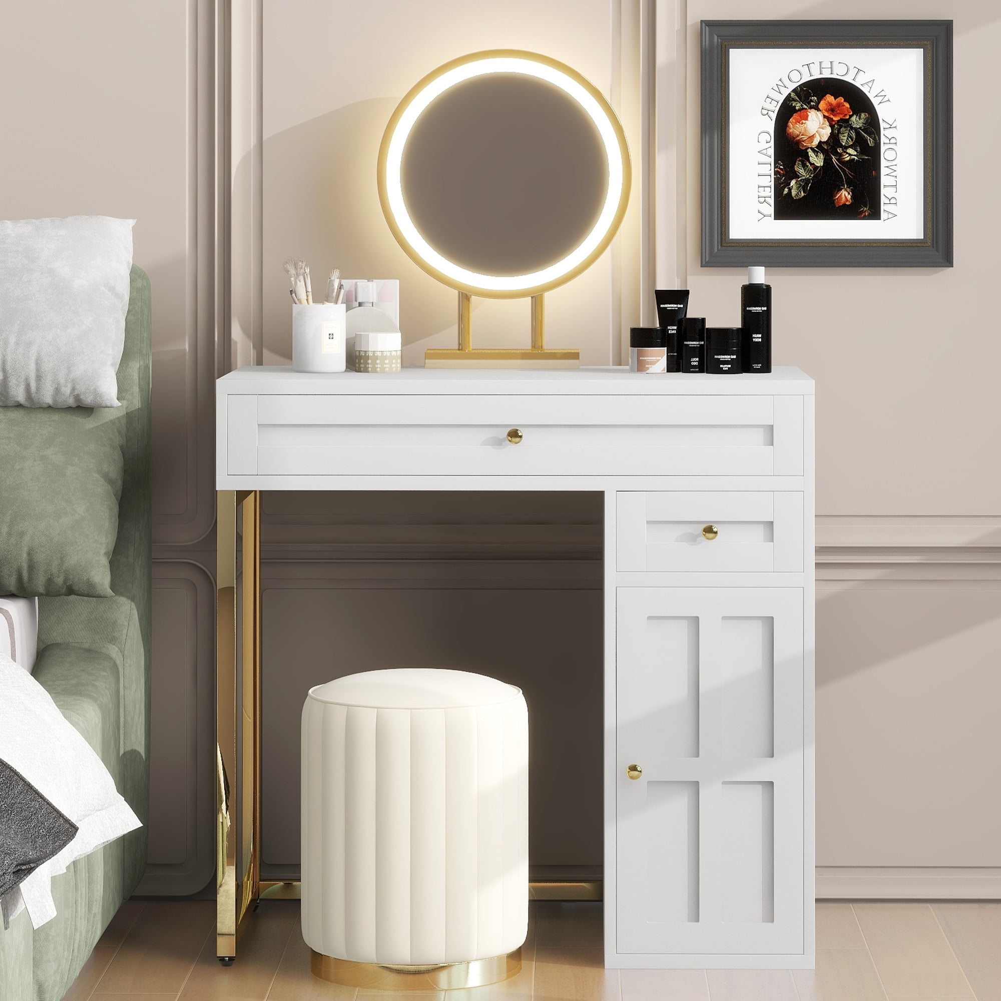Makeup Vanity Desk with Lighted Mirror, Luxury Dressing Table with 2 Drawers and 1 Cabinet