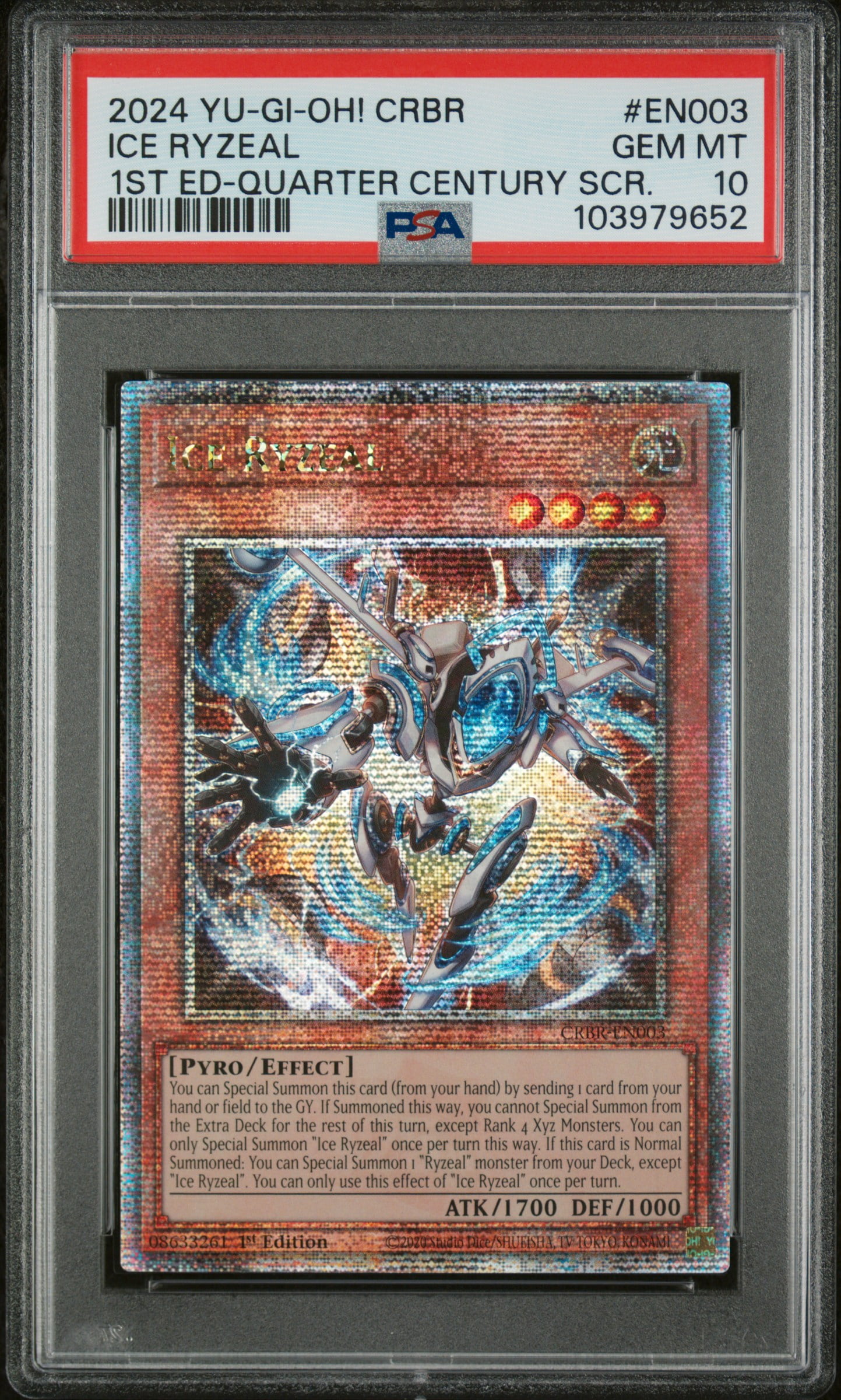 Yu Gi Oh! TCG, PSA Graded 10 GEM MINT, Ice Ryzeal 1St Edition #EN003, Crbr Crossover Breakers, Fully Encapsulated Bundle with Compatible Yu Gi Oh! Hard Sealed Case