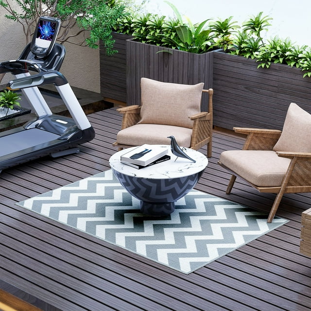 Outsunny Reversible Outdoor RV Rug, 4' x 6' Patio Floor Mat, Grey & White