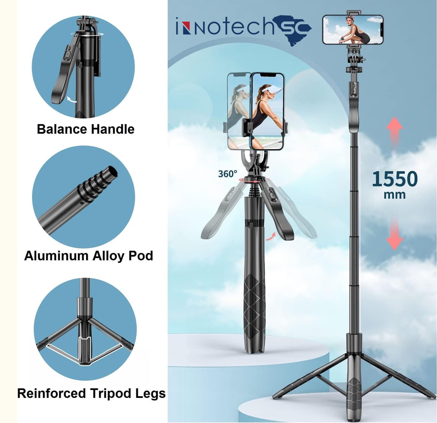 INNOTECHSC All in One 60" Video Tripod with Wireless Remote 360°, Black