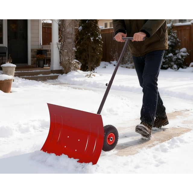 AKDSteel Pelle à Neige en Métal Robuste avec Roues, Lame Inclinée Réglable en 5 Positions et Poignée en Hauteur, Poussoir Ergonomique en Acier, Roues Antidérapantes, Bord en Caoutchouc pour un Déneigement Rapide