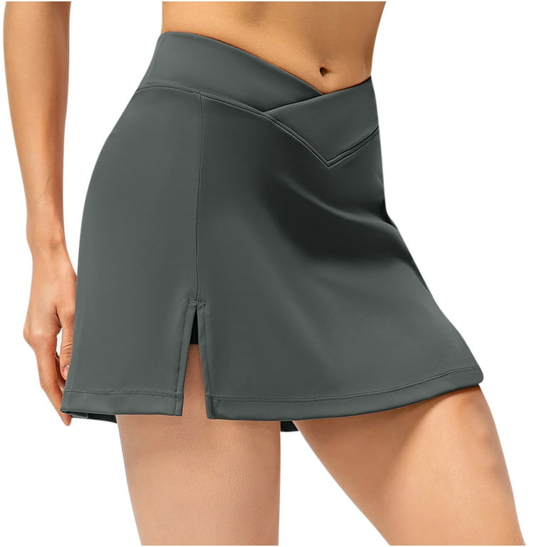 Women's Athletic Skirts Crossover Mid Rise Side Split Tennis Skirt with  Shorts Breathable Sports Biker Golf Skorts 