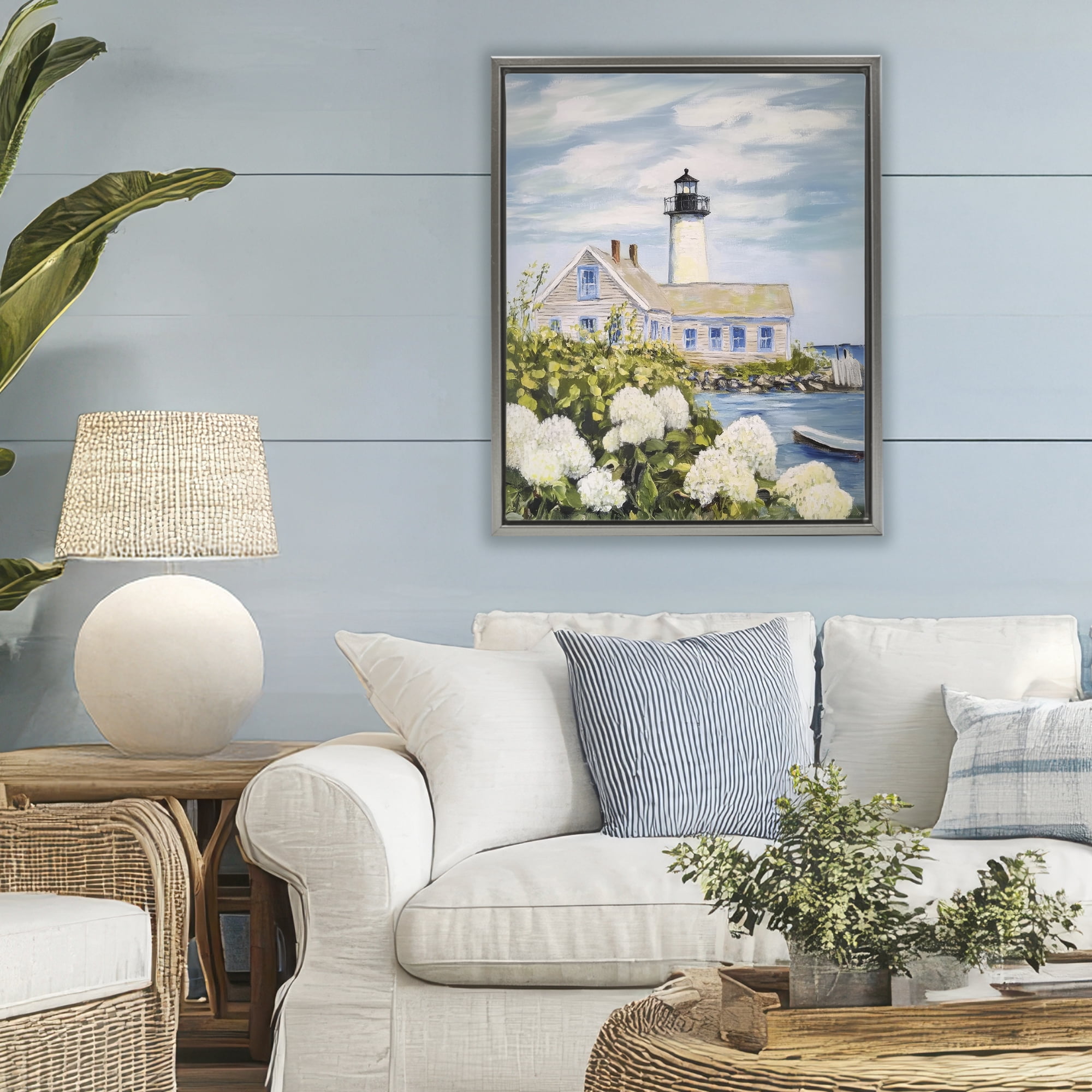 Stupell Industries Lighthouse Scenery with Hydrangeas Gray Framed Floater Canvas Wall Art, design by Sisi and Seb