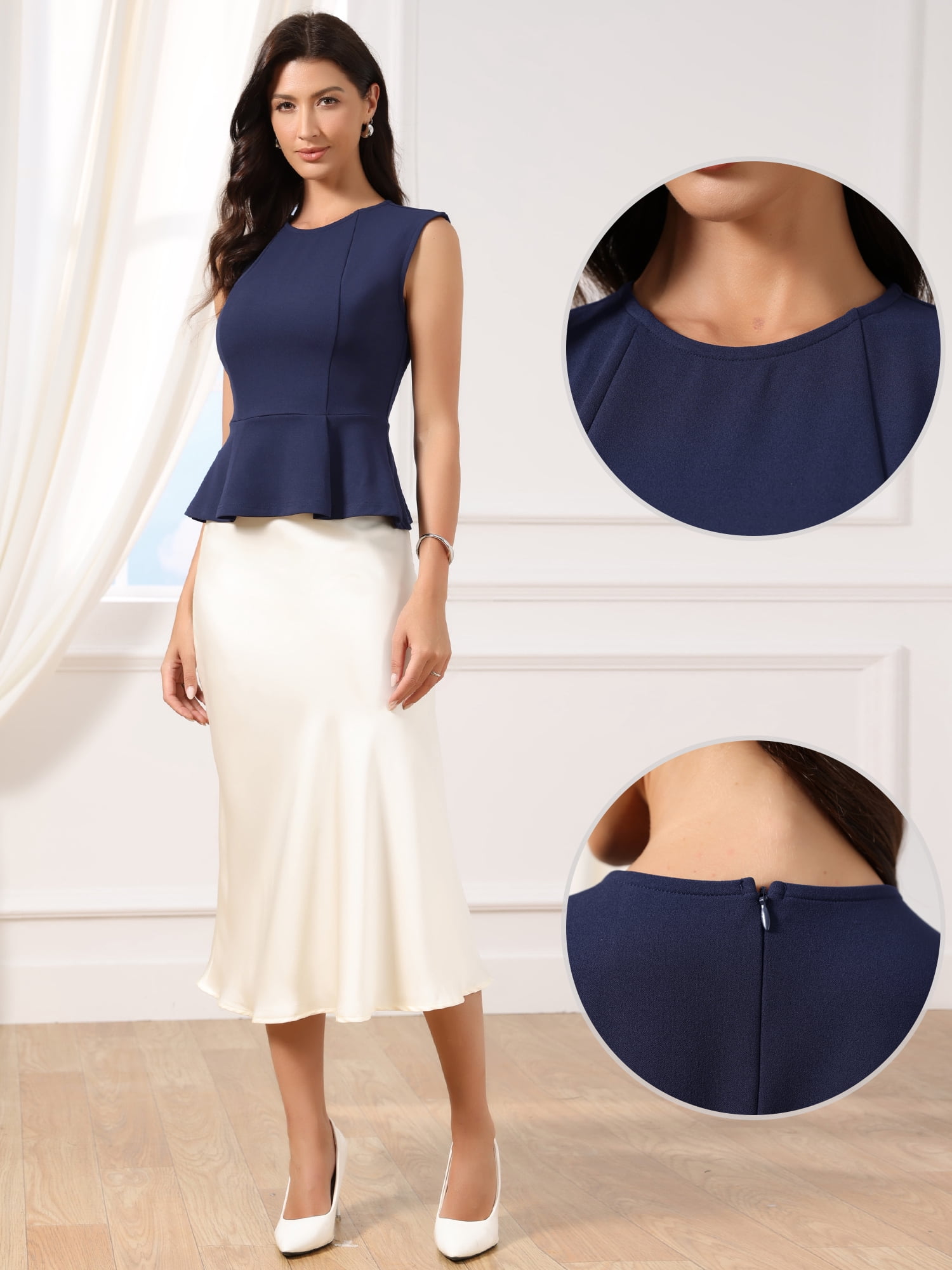 DARING DIVA Women's Peplum Crew Neck Sleeveless Babydoll Vest Blouses XL Navy Blue