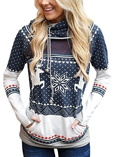 hooded christmas reindeer and snowflake print hoodie