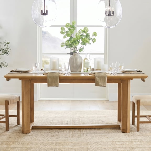 Rectangular Wooden Dining Table for 4-6, Rustic Kitchen Table with Solid Wood Trestle Base, Vintage Brown
