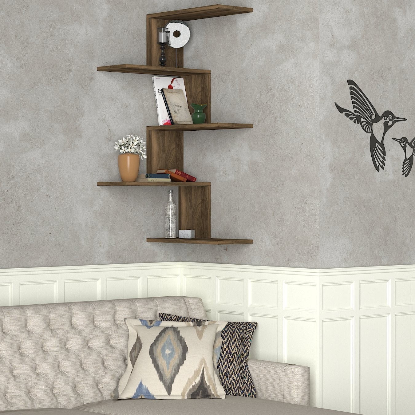 Modern Corner Wall Shelf, 5 Shelves, Brown