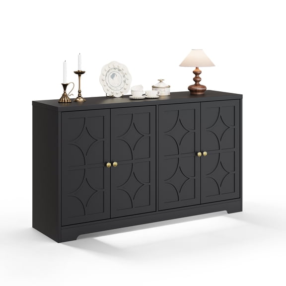SOLLED 55 Inch Sideboard Buffet Cabinet, Modern Wood Storage Cabinet with Adjustable Shelves, Kitchen Dining Room Buffet Cabinet with 4 Doors,Black