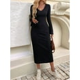 thumbnail image 6 of Womens V Neck Casual Knitted Long Sleeve Maxi Dress Slim Fit Ribbed Out Fall Winter Fashion Clothes Black XL, 6 of 9