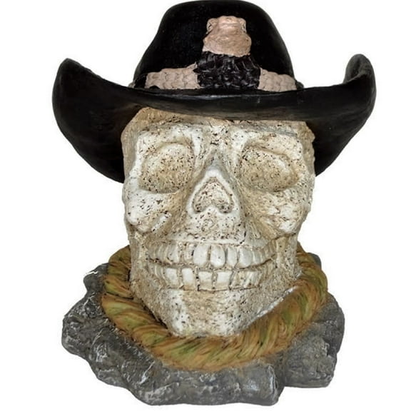 Homestyles 12 in. Cowboy Skull with Rattle Snake Hat Band Nautical Beach Garden Statue