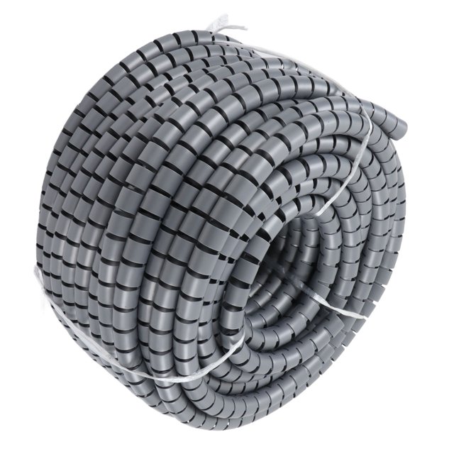 envoltura de cable en espiral, funda de cable de PE 22 mm/0,87 pulgadas, 50 m: rollo gris en vista frontal centrada, tubo bobinado flexible con ranuras espirales regulares y superficie lisa de polietileno; enrollado compacto sujeto con cuerda, adecuado para organizar cables de computadora y proteger tuberías, a menudo usado para agrupar cables de equipos de oficina.