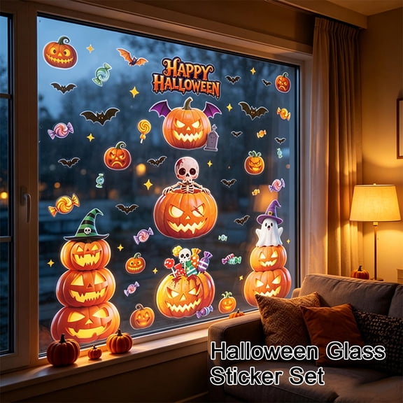 4 Pack Halloween Window Decorations 12 X 8 Inch Halloween Window Spooky Halloween Decor for Home Indoor Halloween Party Supplies with Pumpkin Ghost Skeleton Bat Designs