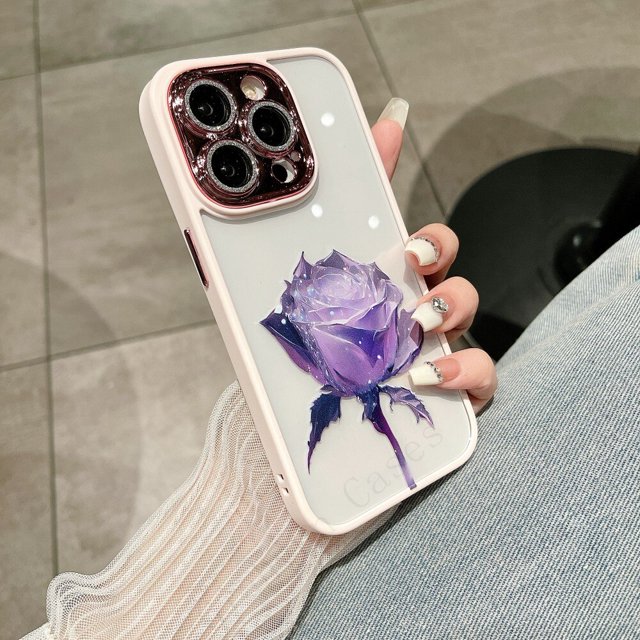 Funda de teléfono con protección de lente de diamante Rosa simulado para iPhone 14, 13, 12, 11 Pro Max Plus, resistente a caídas y suciedad Fivean unisex