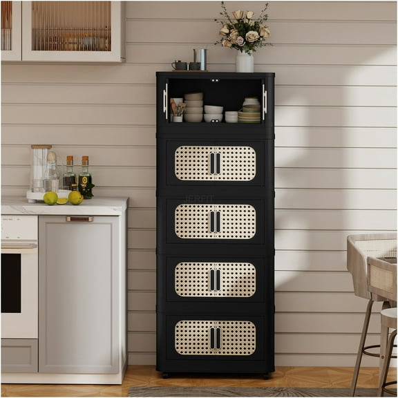 JERFIT 5-Tier Rolling Storage Cabinet with Magnetic Doors, Collapsible Plastic Organizer Bin for Kitchen, Bedroom, Closet & Office, Black Retro Design