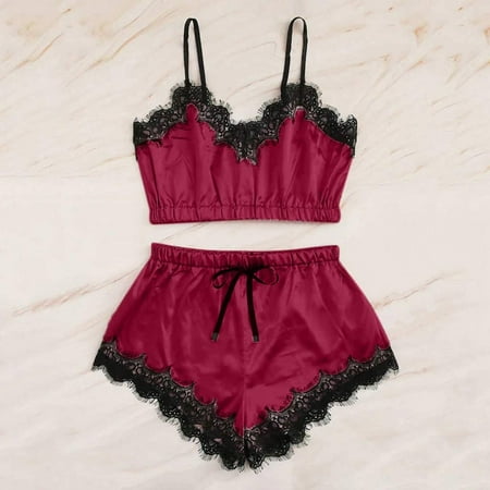 

XIAOFFENN Women Sexy Tops Shorts Lace Bowknot Nightdress Camisole Pajamas Underwear Set