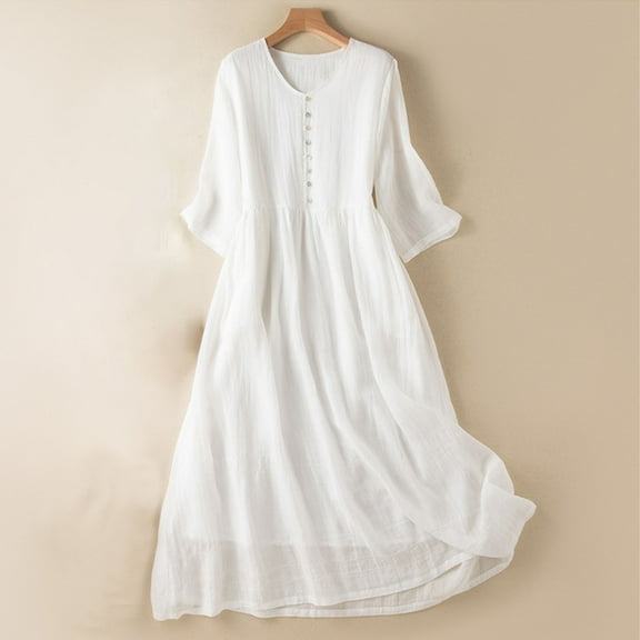 QUINDOS Summer Dresses for Women Shirt Dress V-neck Casual 3/4 Sleeve Sun Dresses Cottn Linen Button Down Solid Color Mid Length Midi Dresses for Women