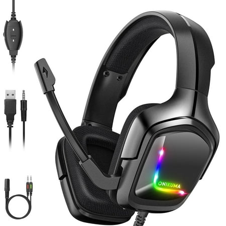 ONIKUMA Gaming Headset with Mic for Xbox One, PS4, Switch and PC, Surround Sound Over-Ear Gaming Headphones with Noise Cancelling Mic, RGB Lights, Volume Control for Smart Phone