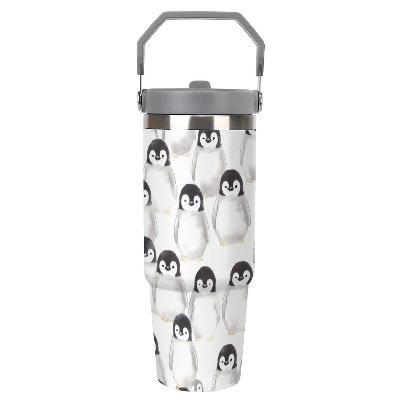 Large Capacity Car Cup 30oz Vacuum Insulation Double Layer Hot Proof Super Capacity Portable Placement Without Water Leakage Cute Baby Penguins White-style