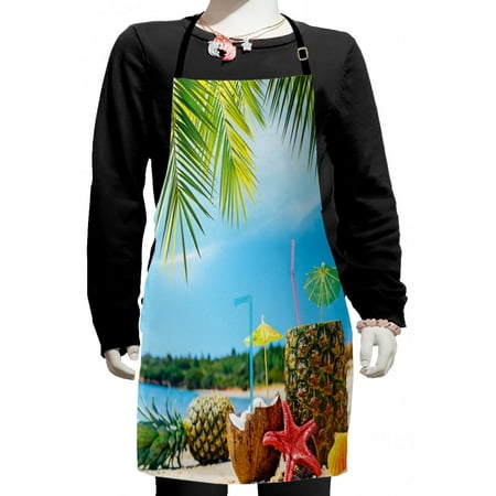 

Tropical Kids Apron Fresh Summer Fruits Coconut and Pineapple Drinks at Exotic Beach Palm Trees Boys Girls Apron Bib with Adjustable Ties for Cooking Baking Painting Blue Green Brown by Ambesonne