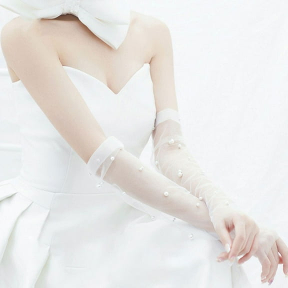 Mesh Fingerless Gloves Elegant Long Courtesy Ruched Tulle Pearls Mittens for Women Girls Wedding Halloween Party