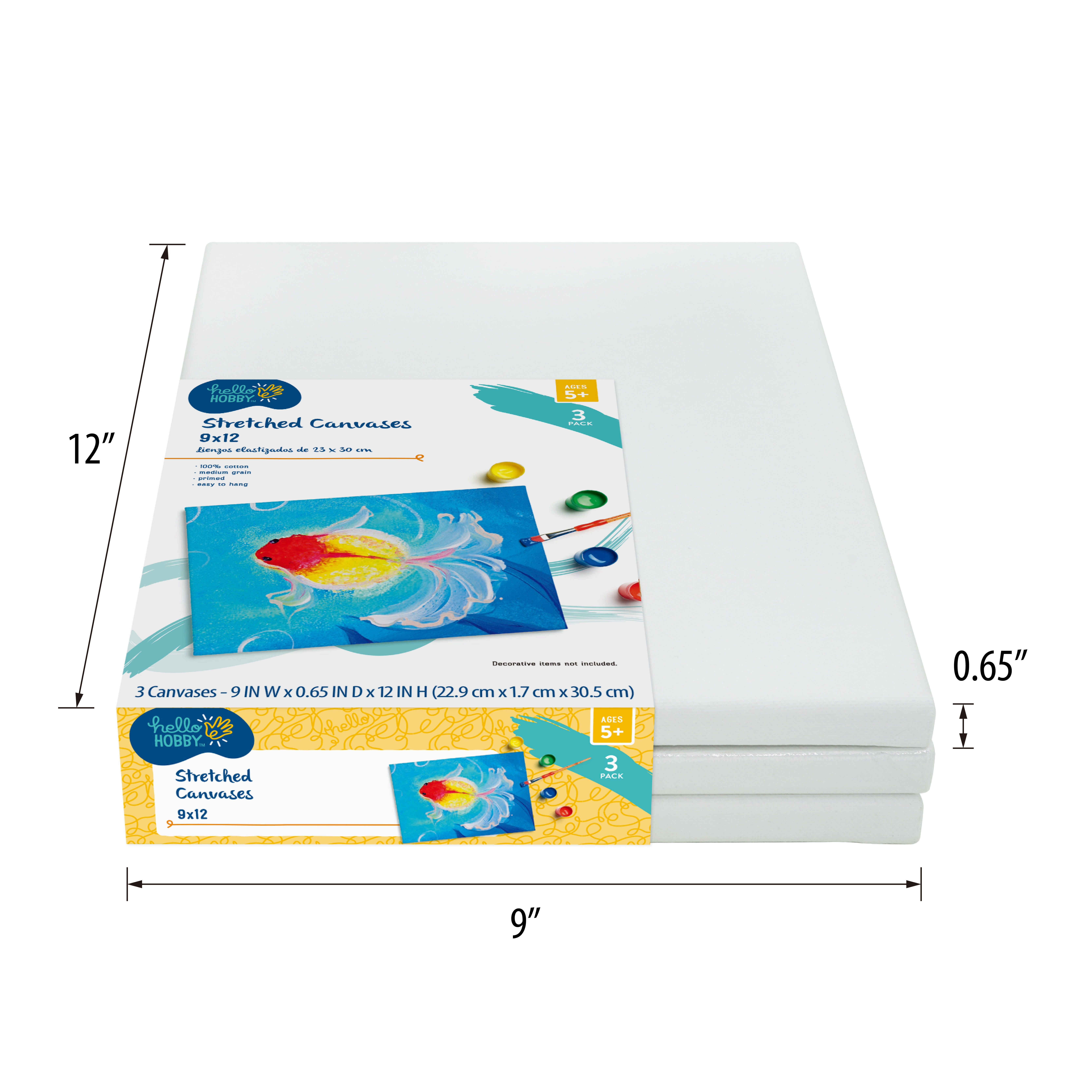 Hello Hobby Kids Canvas, 100% Cotton Acid Free White Stretched Canvas, 9"x12", 3 Pack