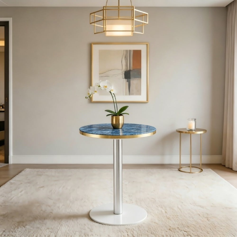 Round Coffee Table with Faux Marble Top and Stainless Steel Edge 23.6 Modern Accent Table with Gold or Silver Metal Legs Small Bistro Side Table for Living Room Apartment Balcony or Office Hig