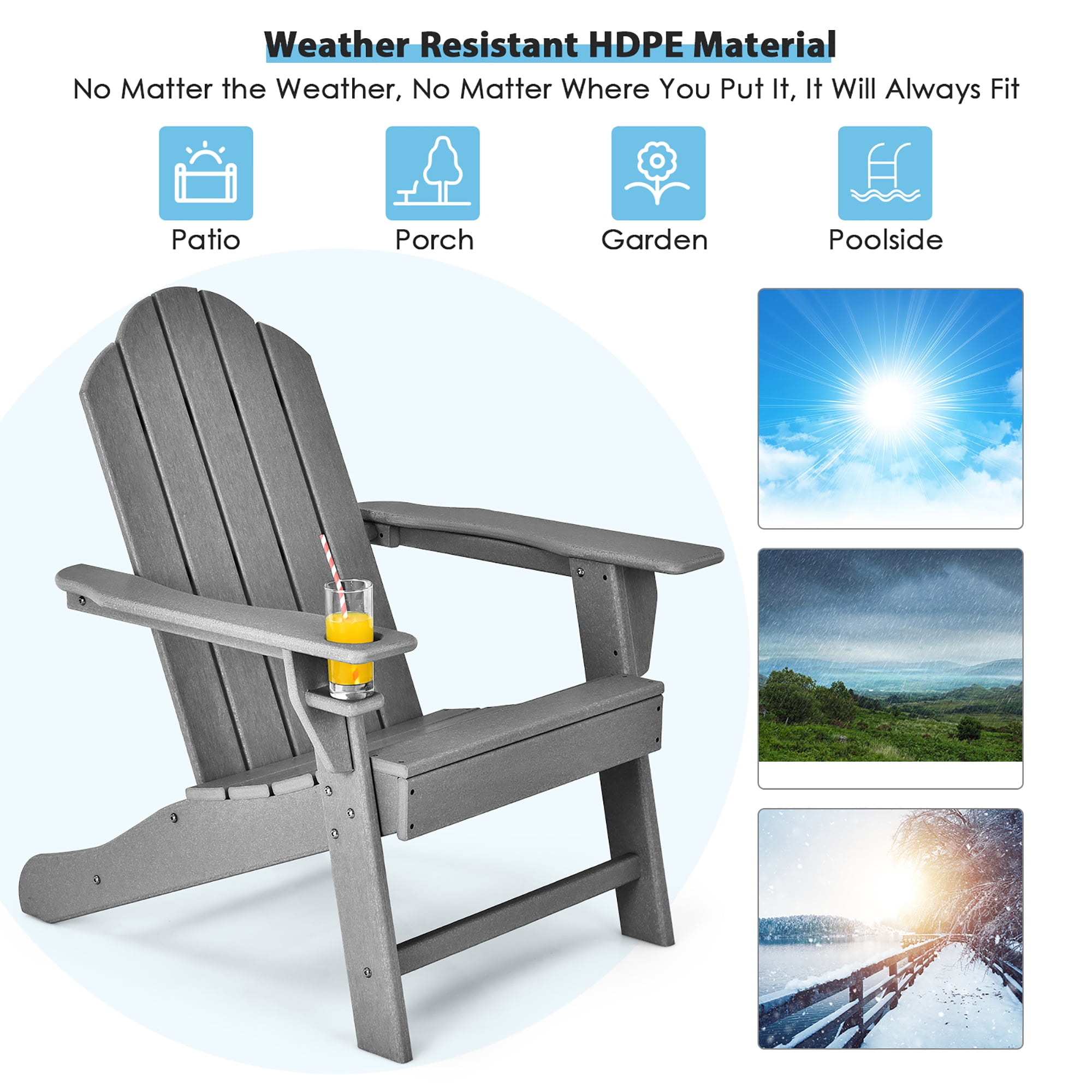 Costway 2PCS Patio Adirondack Chair Weather Resistant Garden Deck W/Cup Holder Grey