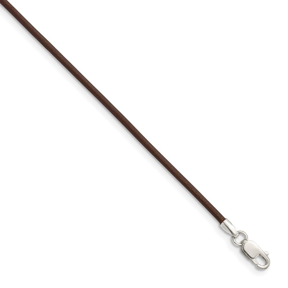 925 Sterling Silver 1.5mm Brown Leather Cord Necklace 18 Inch