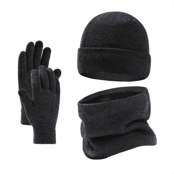 Winter Hat Scarf Gloves Set, Men's & Women's Slouchy Cuffed Beanie, Fleece Lined Neck Warmer, 3-Piece Knit Set, Cold Weather Accessories A