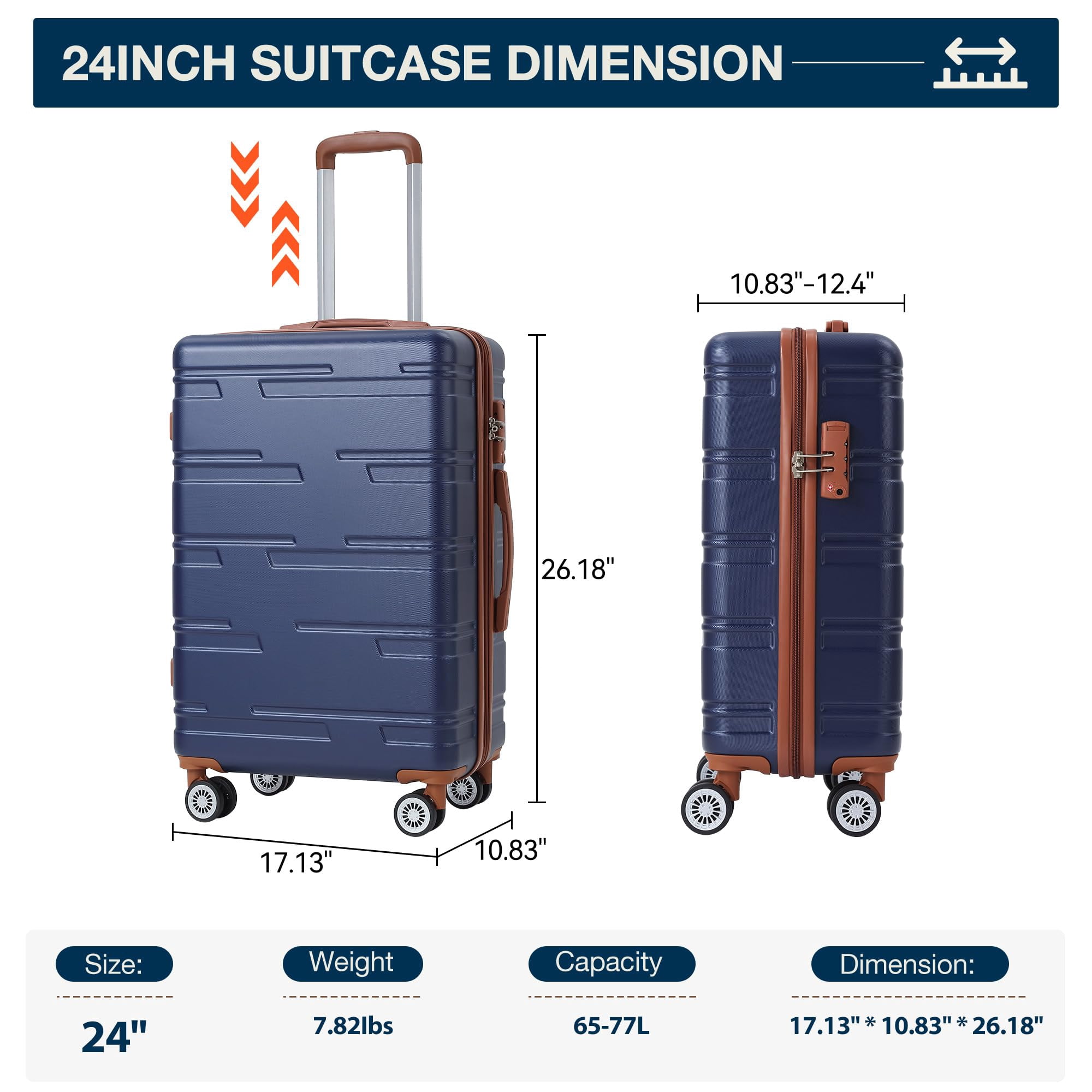 24" Expandable Hard Shell Carry On Luggage with No Noise Spinner Wheels, 77L ABS Hardside Carry On Suitcase with TSA Lock, Lightweight Hardshell Suitcase with Adjusts in 3 Stages for Trips, Vacations