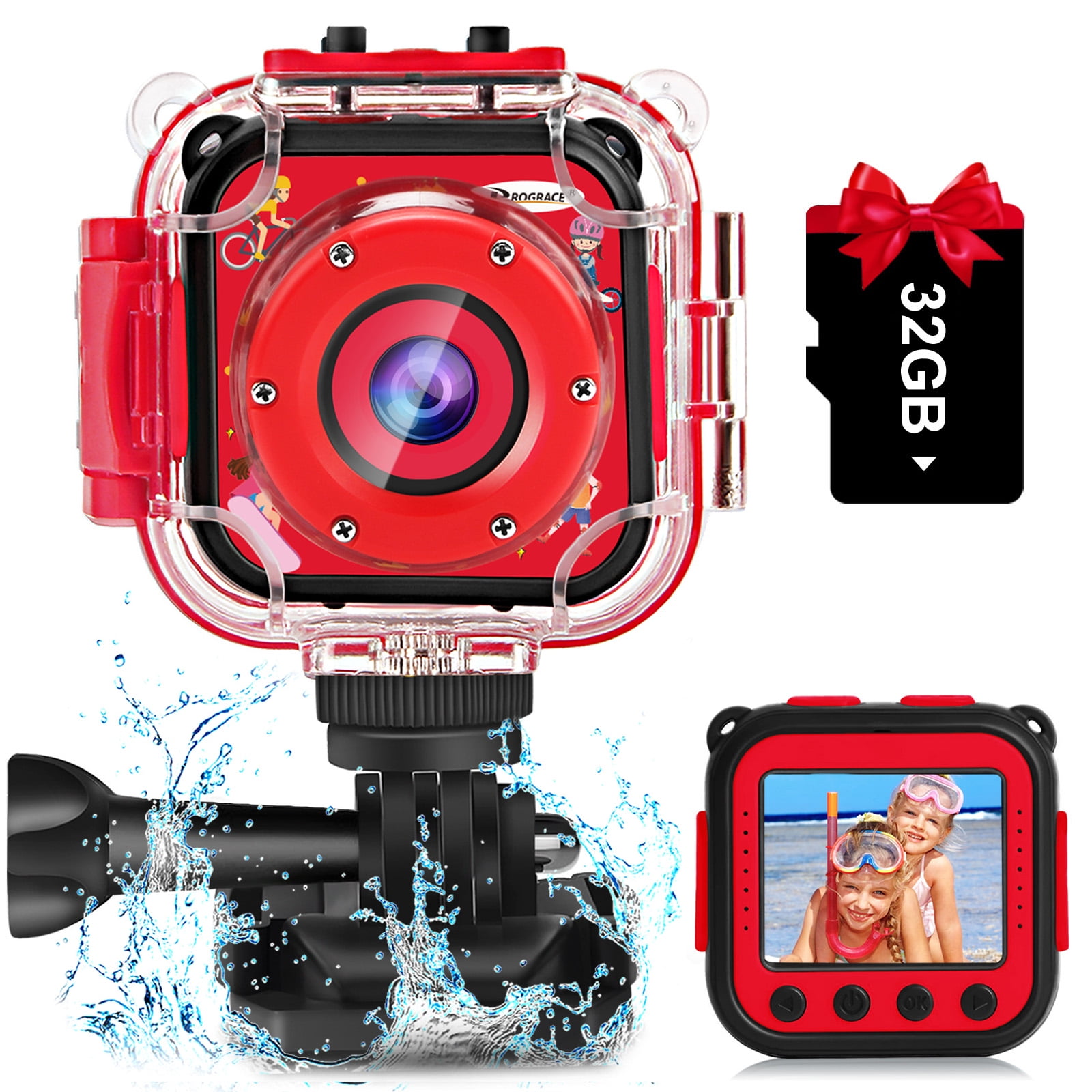 PROGRACE Kids Camera Waterproof IP68 Sports Toy Camera 1080P 