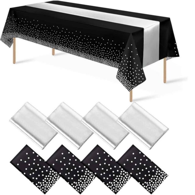 EIMELI 1 Pack Plastic Table Cloth Cover + 1 Pack Satin Table Runner for Parties Disposable Tablecloth for Rectangle Tables Birthday Wedding Graduation Mather Valentine‘s Day Christmas P