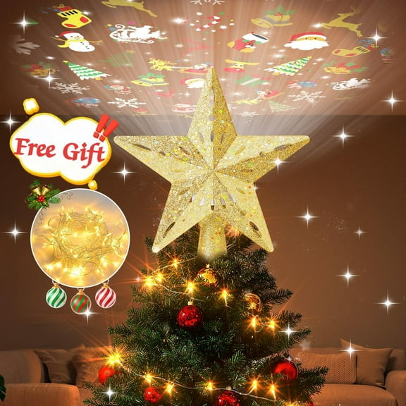 Christmas Tree Topper Lighted with 6 Projection Modes, 3D Glitter Dynamic Snowflake Projection Built-in LED Rotating Lights for Xmas Party Holiday Decorations - Gold