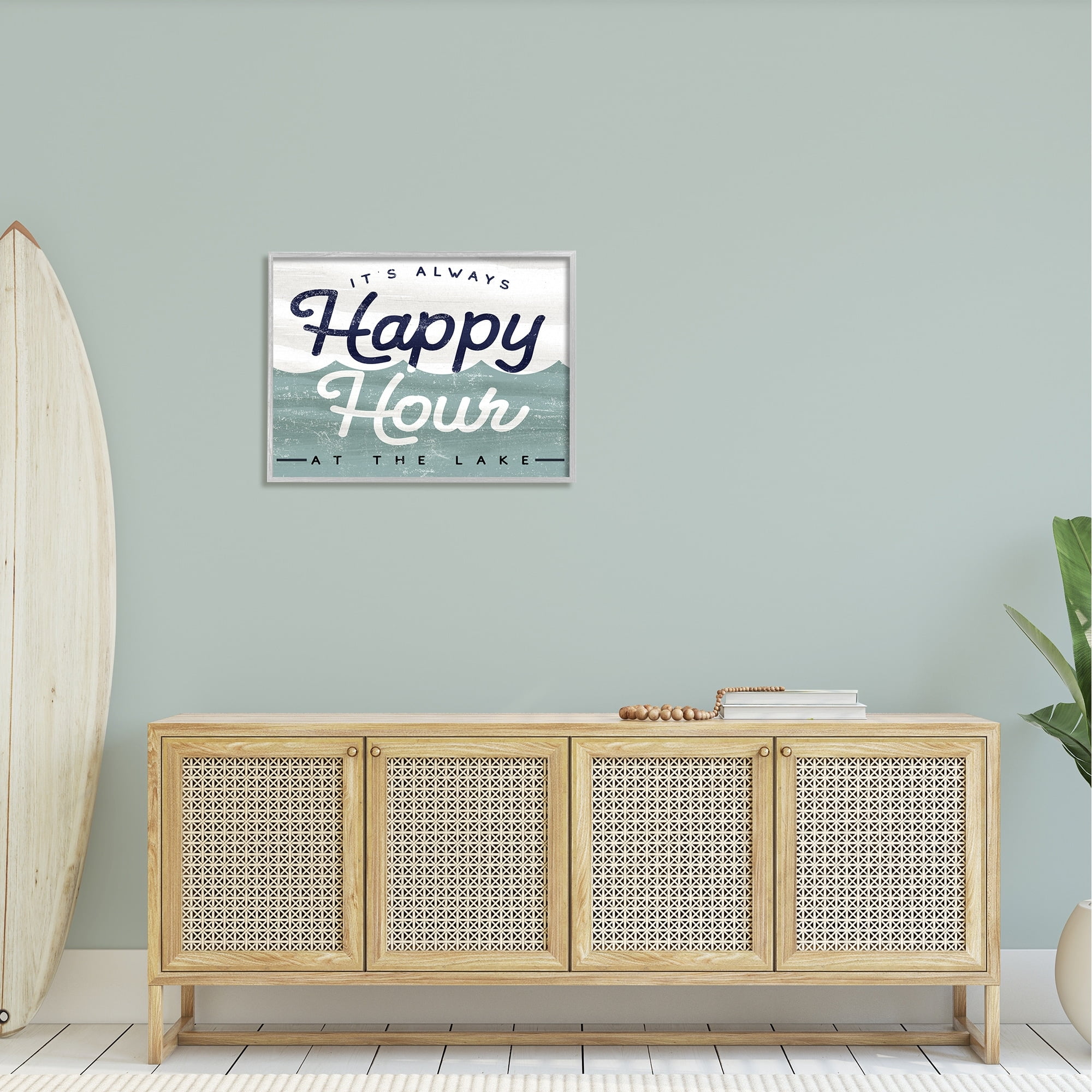 Stupell Industries Always Happy Hour Vintage Lake House Wave Signage Framed Wall Art, 30 x 24, Design by Lil' Rue