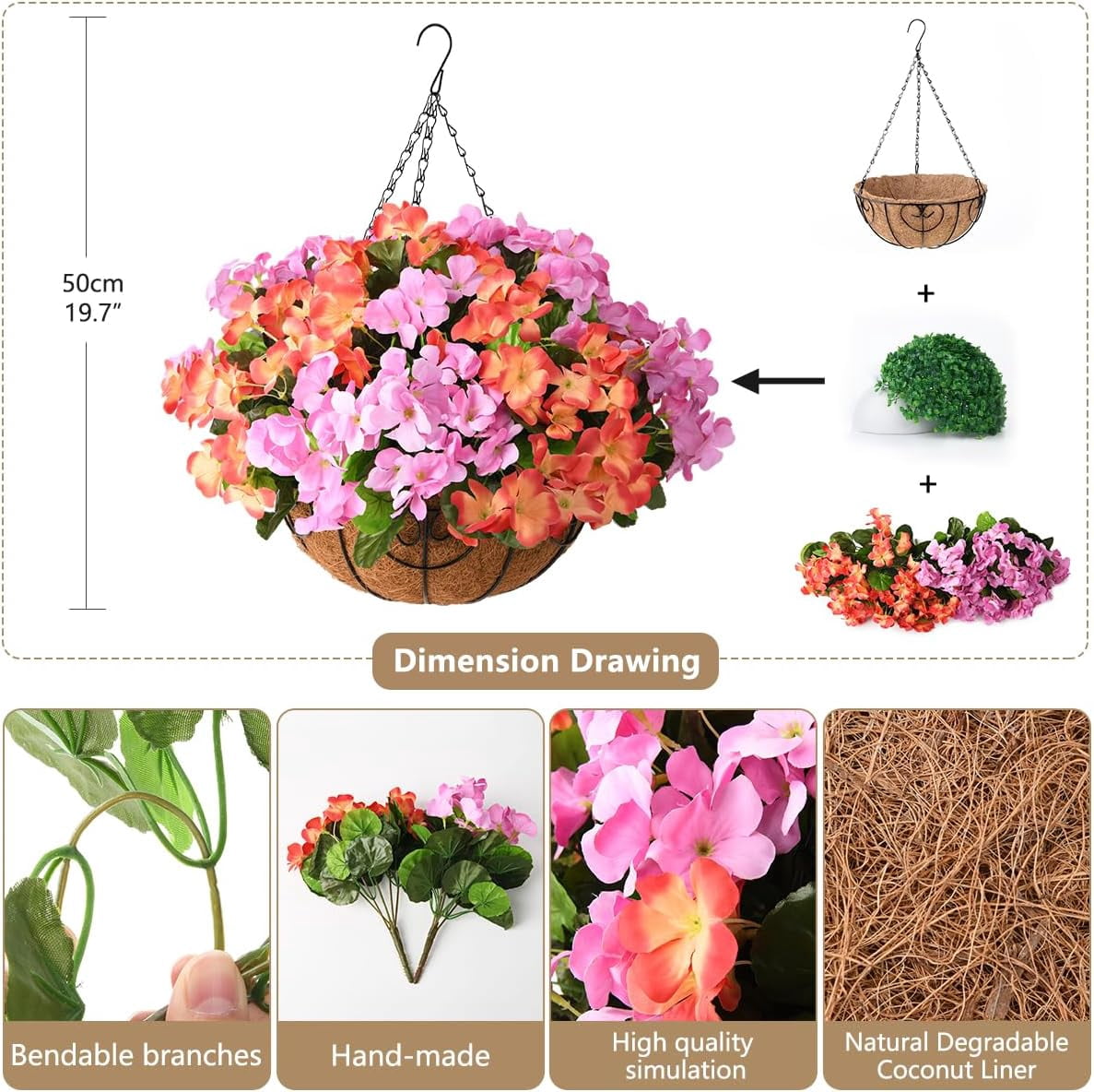 Artificial Flowers Hanging Basket for Outdoor Indoor Decor,Faux Silk Flower Arrangement,10 Branches Geranium with 12 Inch Coconut Lining Chain for Patio Decoration(Purple Orange)